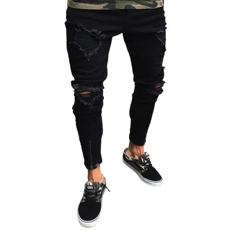 Herrenjeans Neue schwarze zerrissene Stretch-Reißverschluss-Trendhose für Männer