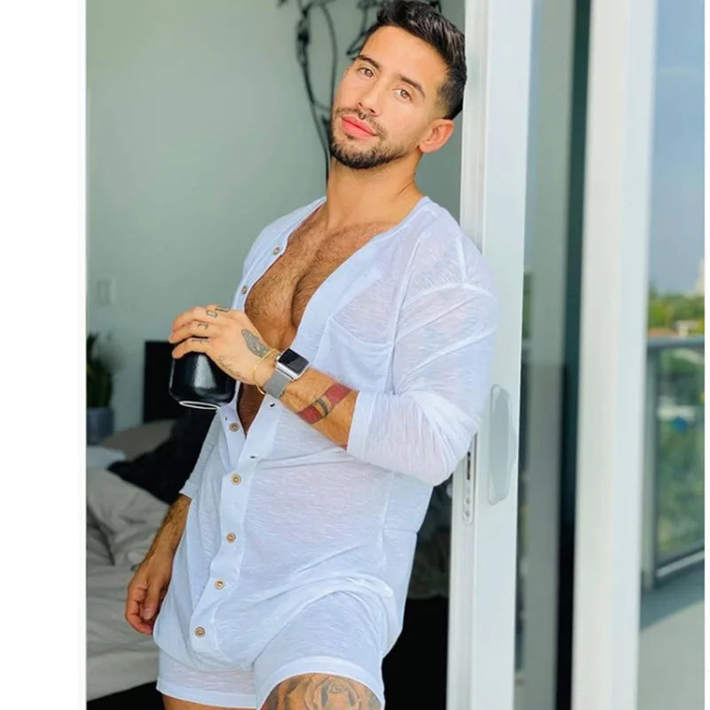 Neue 2024 Sommer-Pyjama-Sets in einfarbiger Farbe mit sexy langärmeligem Body und engem Overall für Herren