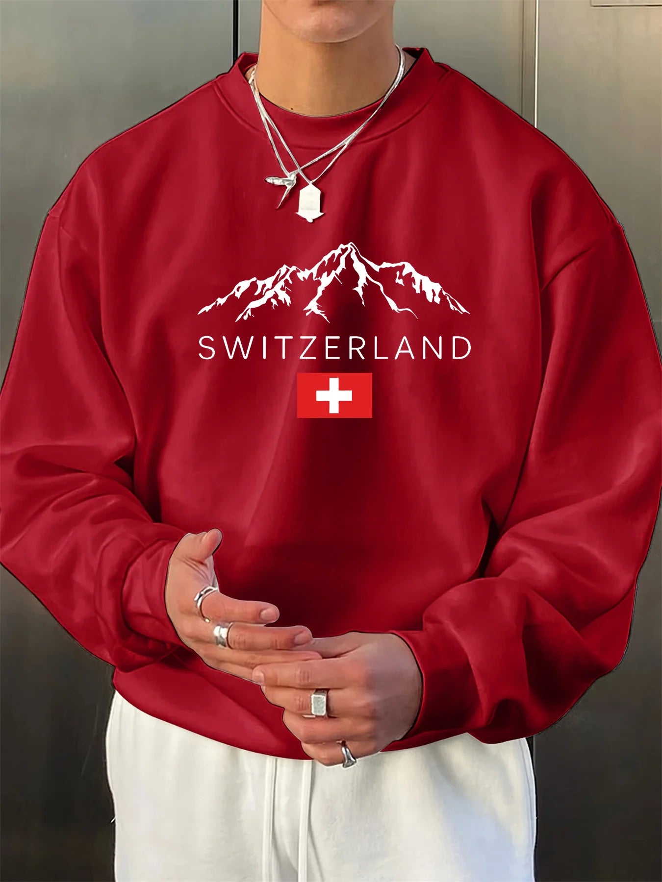 Men's autumn and winter fashionable casual loose SWITZERLAND graphic printed long sleeved round neck sweatshirt