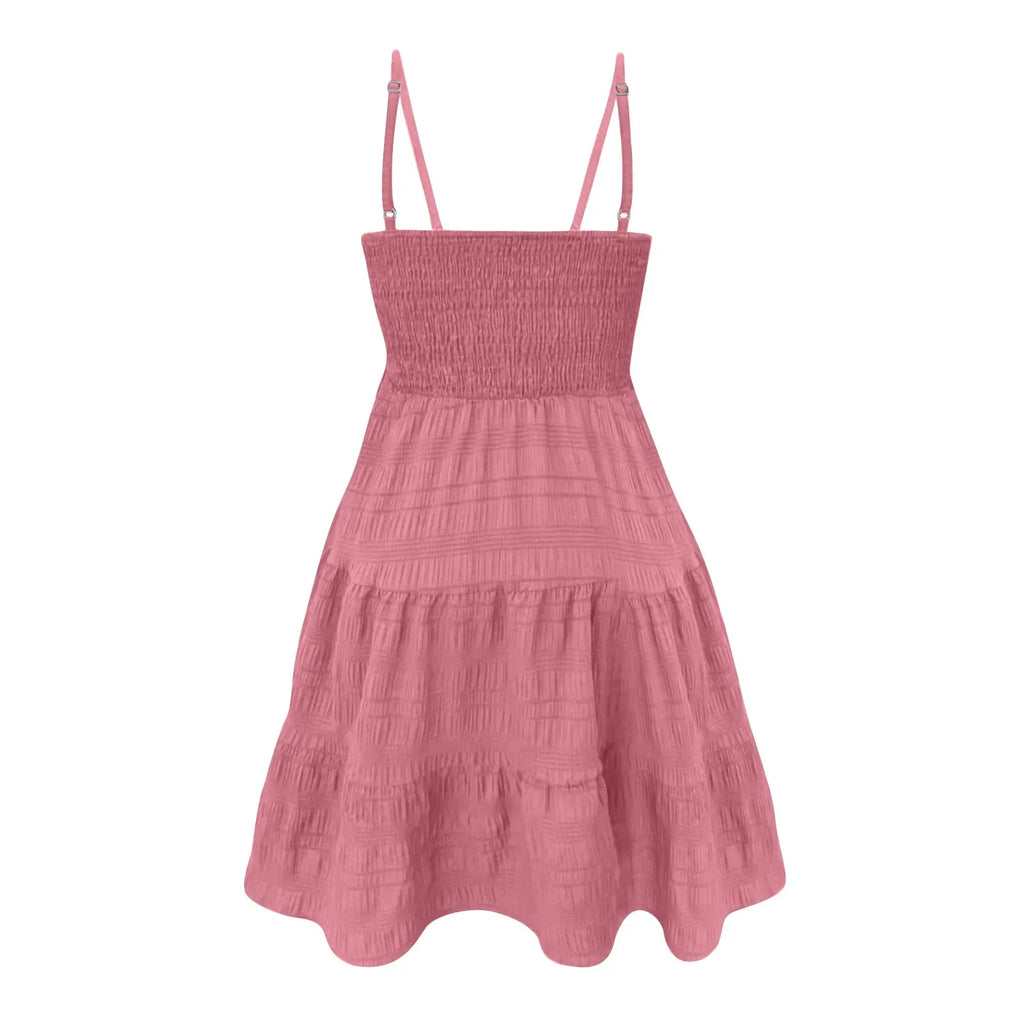 Bohemian Strand Sommerkleid Frauen Sexy Ärmellose Backless Große Schaukel Mini Kleid Solide Spaghetti Strap Rüschen Kleid Sommer Vestidos