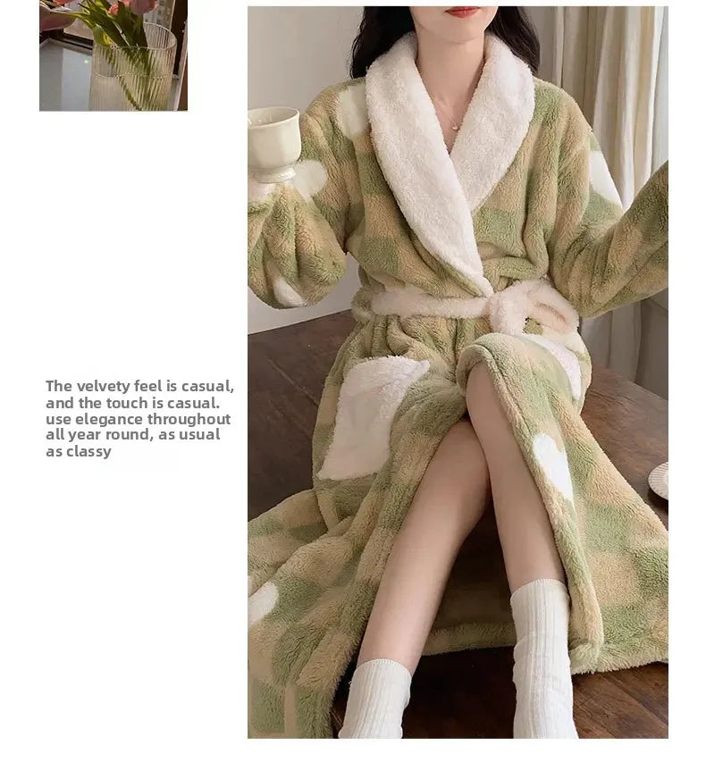 Verdickte Korallen Fleece Robe frauen V-ausschnitt Gürtel Langarm Mid-länge Süße Stil Warme Hause Kleidung Winter Saison