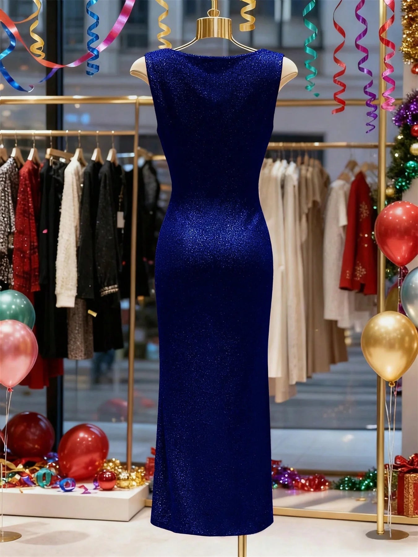 Sommermode Neuheiten: Elegantes, Ärmelloses, Funkelndes, Figurbetontes Tiefer-Ausschnitt-Abendkleid