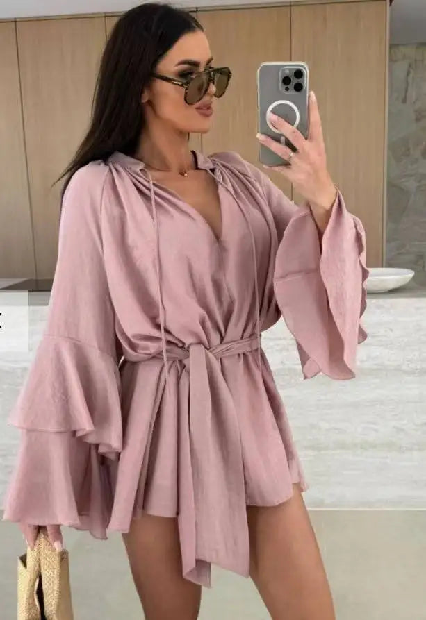 Süße ausgestellte Ärmel Kleider für Frauen 2025, sexy tiefer V-Ausschnitt, modisches Minikleid, Frühling, Sommer, Schnürung, solides Kleid, Robe Femme
