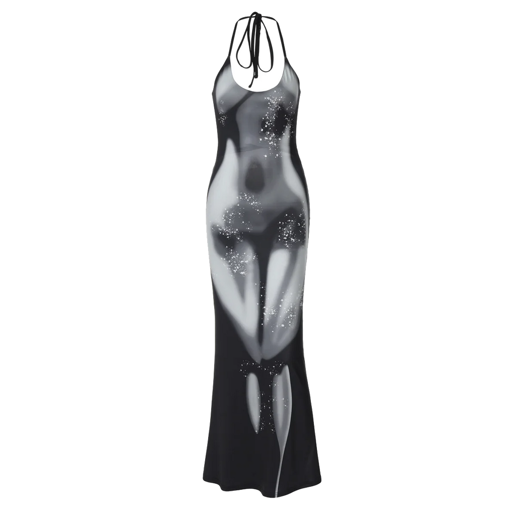 Hugcitar 2025 Frühling Halter Print Halter-Backless Verband Gürtel Sexy Bodycon Maxi Kleid Frauen Mode Outfits Streetwear Festival