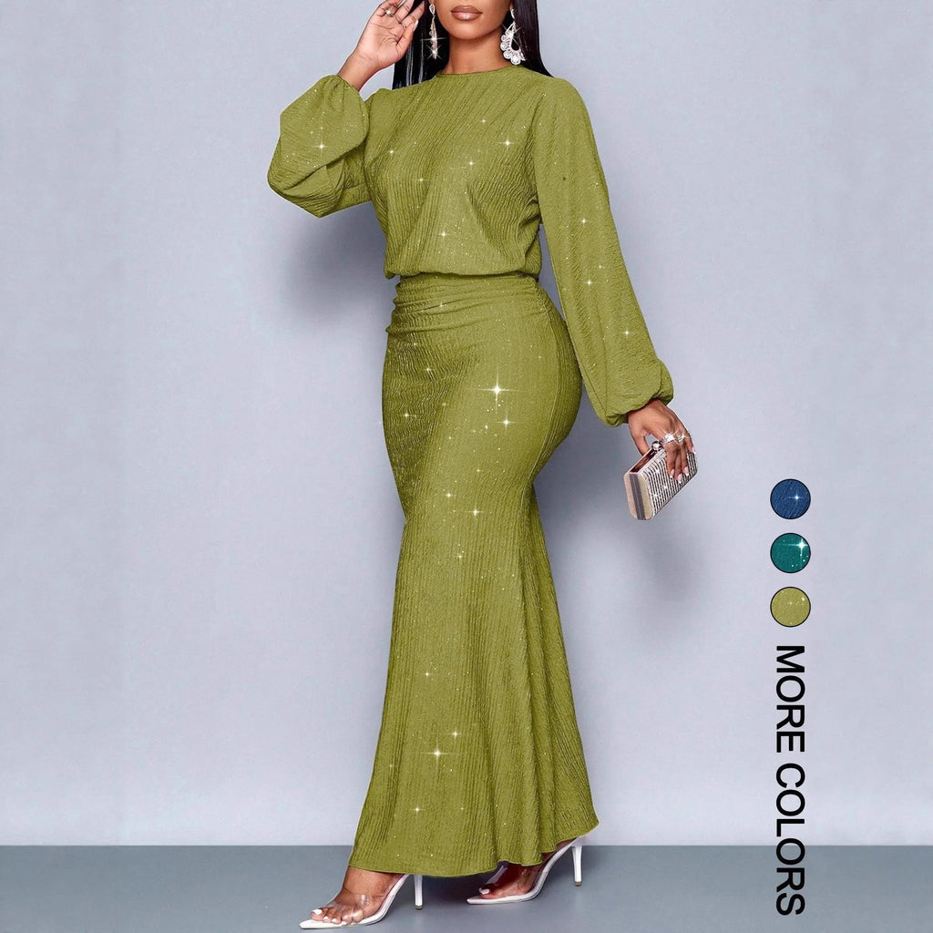 Elegantes, langärmliges Fischschwanzkleid mit Perlenverzierung und Falten für formelle Anlässe, Polyester-Lycra-Mischung, Sommer 2025,