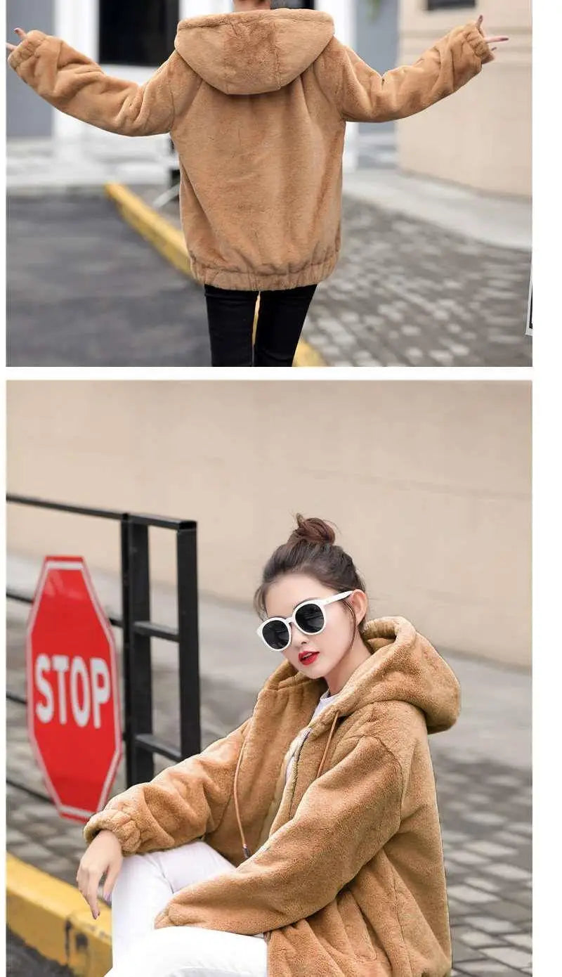 Plüsch-Kapuzenjacke für Damen, mittellang, Winter, neuer lockerer Plüsch, warmer, langer Ärmel, Plüsch, kurze Jacke, modischer Freizeitmantel