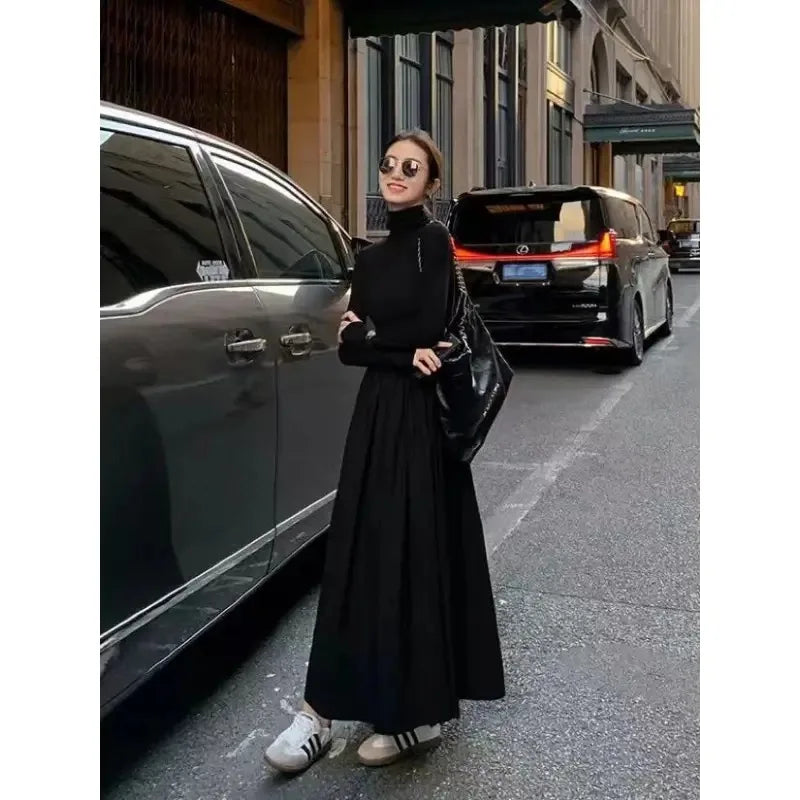 Neue Französisch Stil Temperament frauen High-Grade Schwarz Kleid Hepburn Stil Grau Rollkragen Kleid für Frauen Herbst Winter DF4964