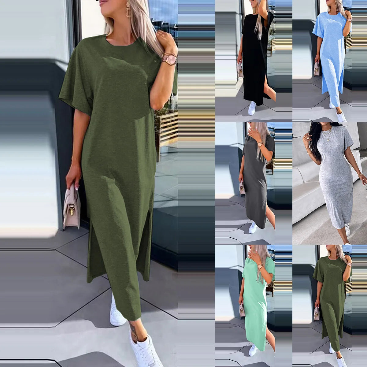 Fashion Simple O Neck Short Sleeve Solid Dress For Women New 2024 Summer Casual Loose Comfortable Split Long Dress Robe Femme