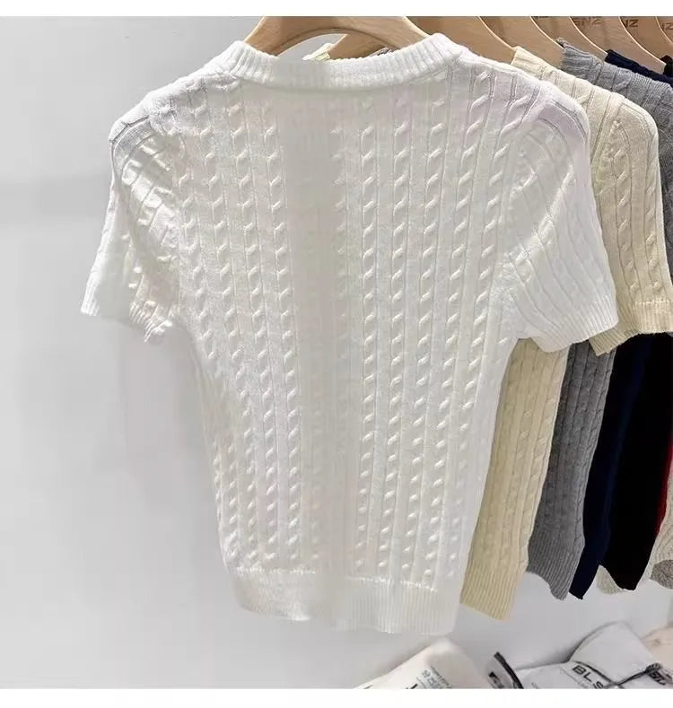 Zjaiss 2026 Sommer Koreanisches Retro Elegantes Textur-Kurzarm-Oberteil mit O-Ausschnitt und Zopfmuster für Damen – Weiches, lässiges, vielseitiges, dünnes T-Shirt