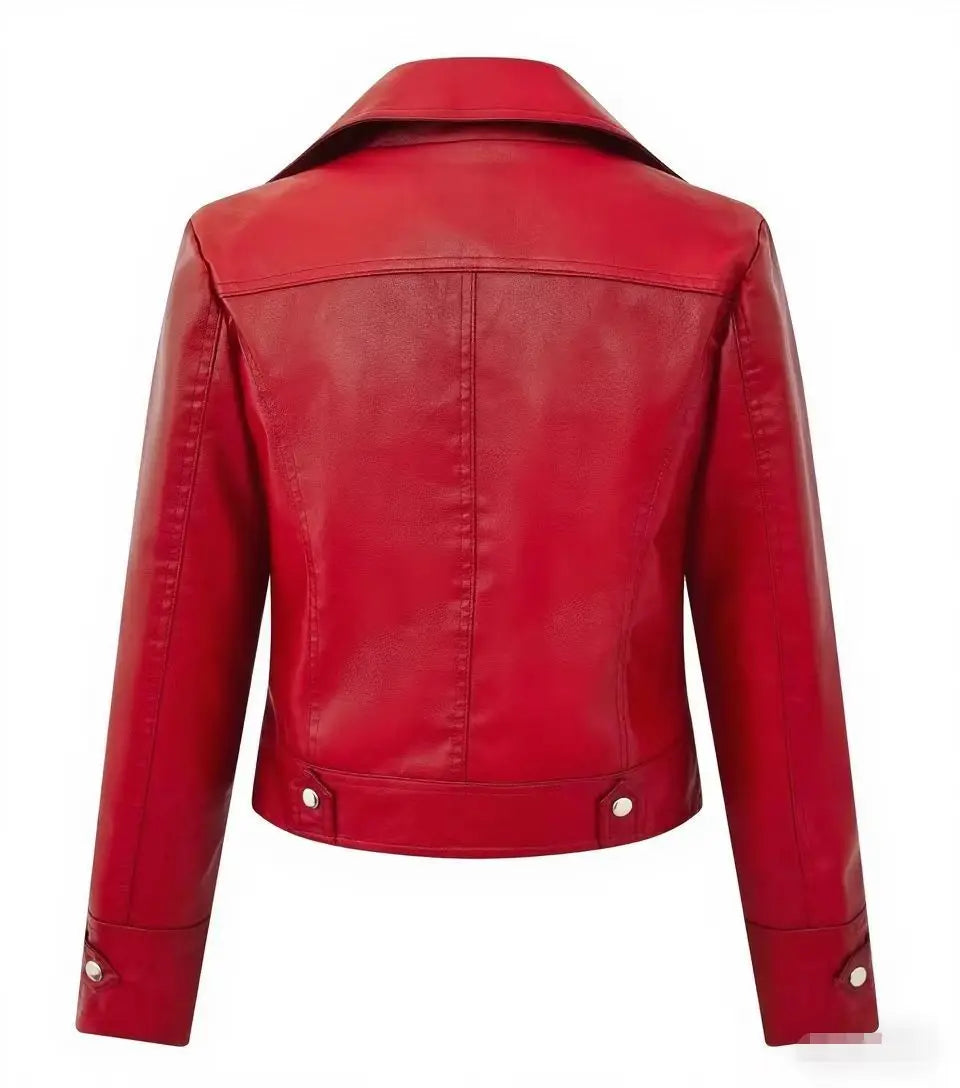 Modische rote PU-Lederjacke für Damen, kurzer Mantel, Stehkragen, Frühling und Herbst, dünner Stil, künstlerische Retro-Passform, lange Ärmel