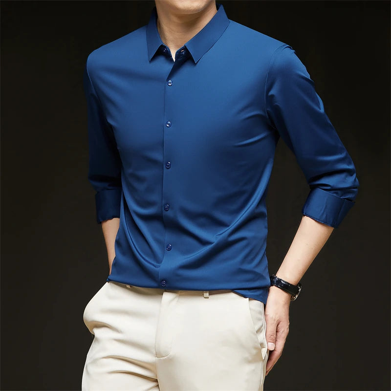 Neues, langärmliges, einfarbiges Business-Casual-Hemd für Herren, knitterfrei, knitterfrei, bequem, vielseitiges Oberteil für die ganze Saison