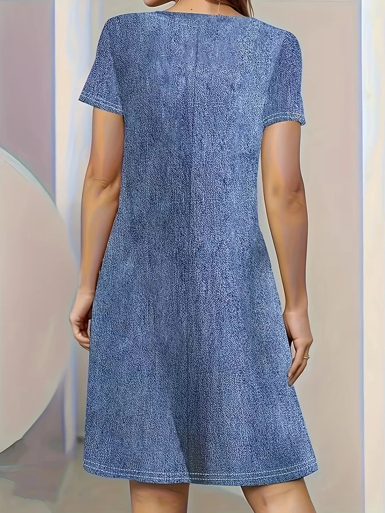 Damen Daisy 3D-Print Faux-Denim Midikleid Sommer Lässiges Kurzarm-Kleid mit Fake-Knopfleiste A-Linie Fließendes Sommerkleid für Strandurlaub