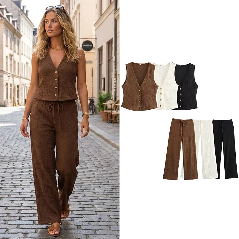 Willshela Frauen Mode 2-teiliges Set Solide Einreiher Tank Tops & Vintage Hohe Elastische Taille Hosen Weibliche Chic Hosen Anzug