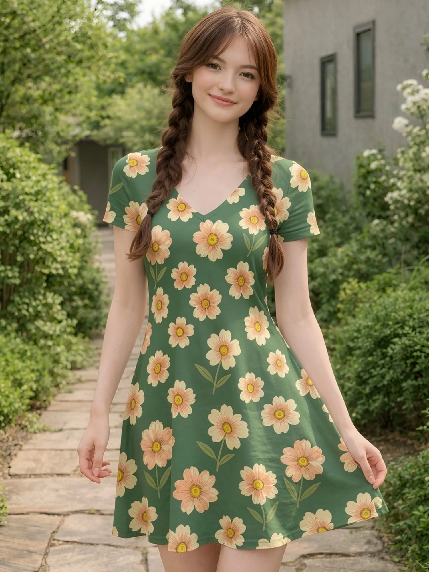 Damenkleid mit V-Ausschnitt und kurzen Ärmeln, Blumenmuster, lässiges Strandoutfit, Freizeit, Urlaub, Wochenende, Alltag, Urlaub, Resort, Reisen, Café, Garderobe