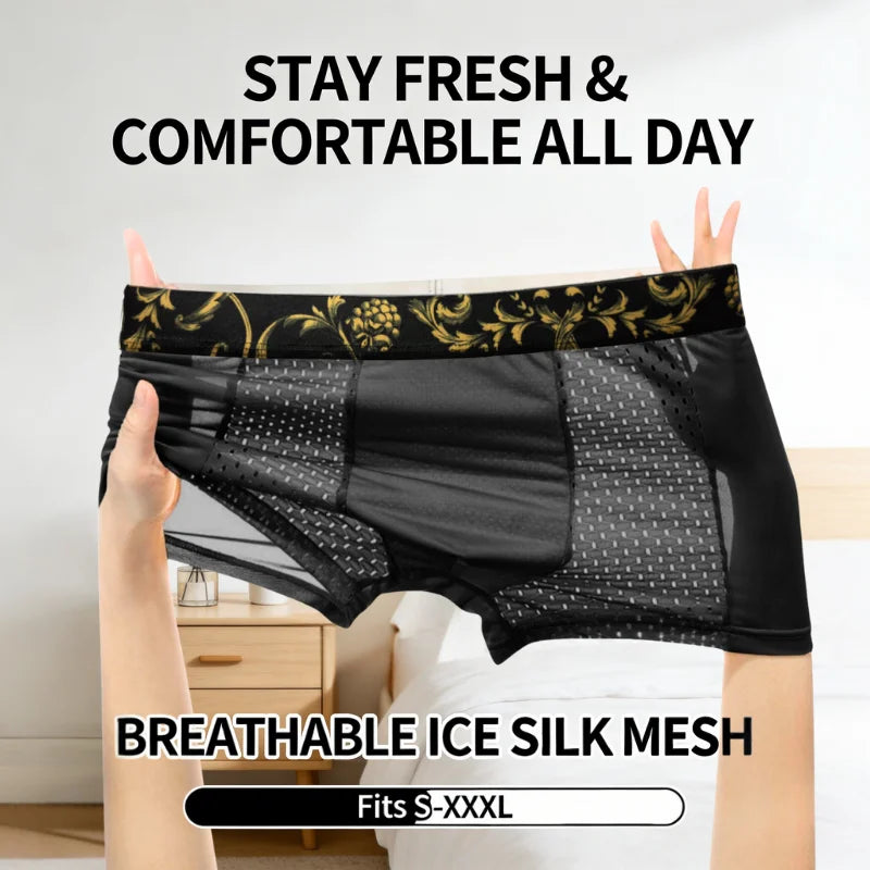 Herren Eisseide Boxershorts mit Goldblumenmuster am Bund, Atmungsaktive Unterwäsche, Schnelltrocknende Hautfreundliche Sport-Unterhose in Übergröße für den Sommer