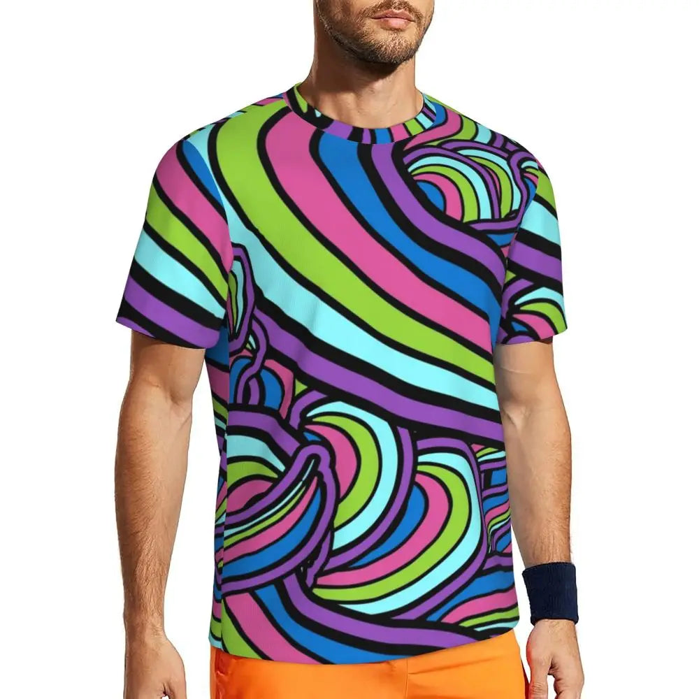 Gym T-Shirt für Mann Retro geometrische 60er 70er Jahre T-Shirts Mode psychedelische Kunst Strand T-Shirts O Hals Y2K Spaß Design Tops Geschenkidee