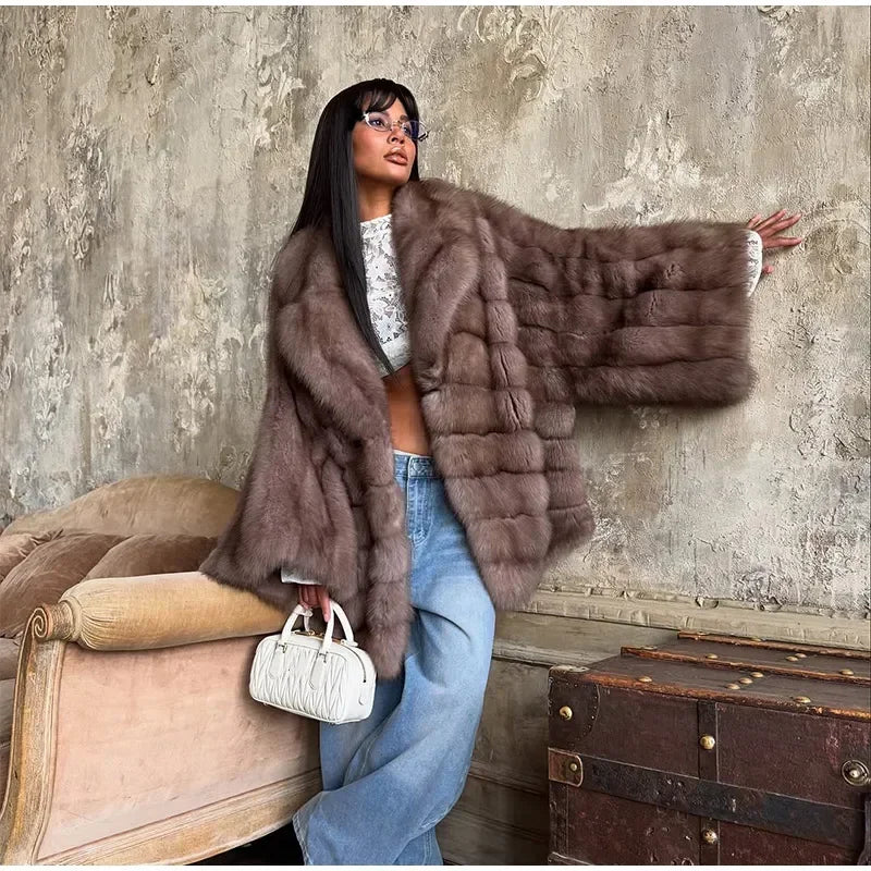Brauner mittellanger Pelzmantel für Damen, Revers, versteckter Knopf, lockere, elegante Oberbekleidung, 2025, modischer Bürodame, Pendelmantel, Neu