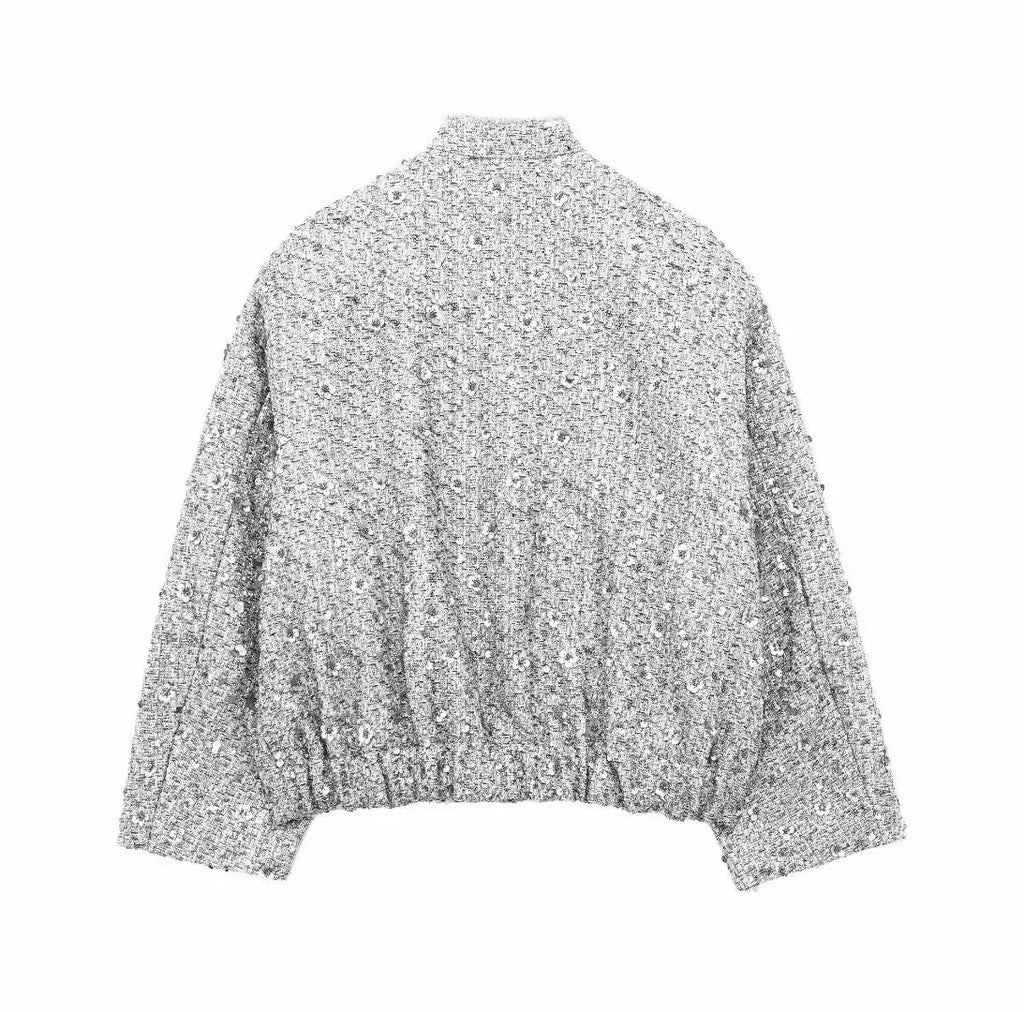 Women's Sequined Bomber Jacket Fall New Round Neck Long Sleeve Pocket Stretch Hem Sequins Jacket Coat Female Chic Outerwear