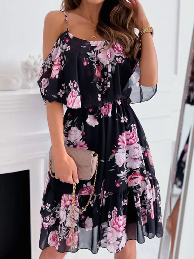 Sexy Off Schulter Floral Chiffon Mini Frauen Kleid 2022 Sommer Kurzarm Casual Weiß Rüschen Kleider Für Frauen Robe Femme
