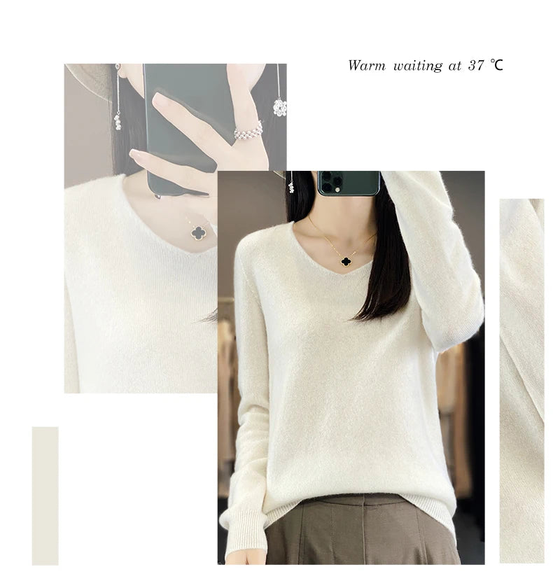 Frauen 100% Merinowolle Pullover V-Ausschnitt Basic Pullover Herbst Winter Kaschmir Kleidung Langarm weiche Strickwaren Tops einfarbig