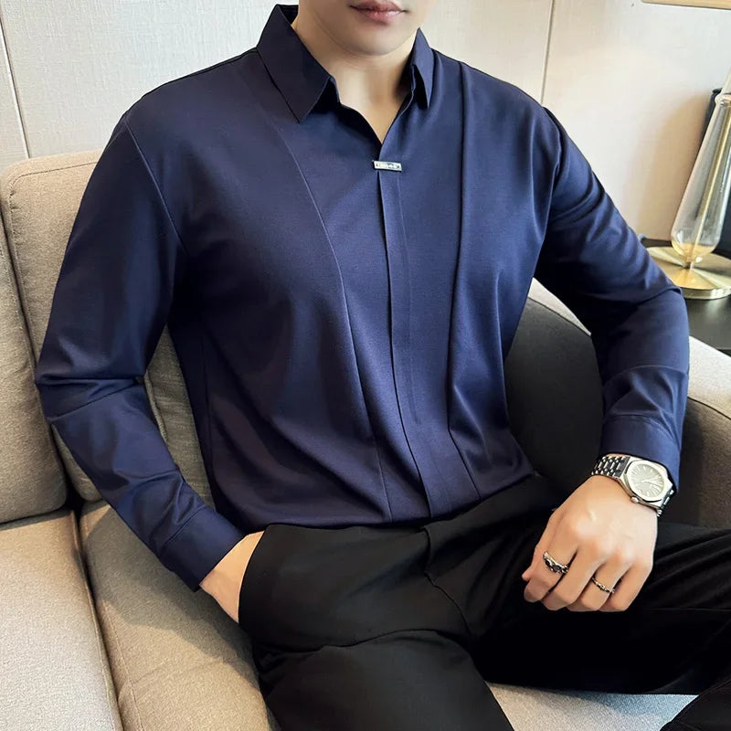 Herren-Poloshirt mit langen Ärmeln, 2026, Frühling, britischer Stil, einfarbig, elastisch, schmale Passform, T-Shirt, formelle Kleidung, Poloshirt, Herrenbekleidung