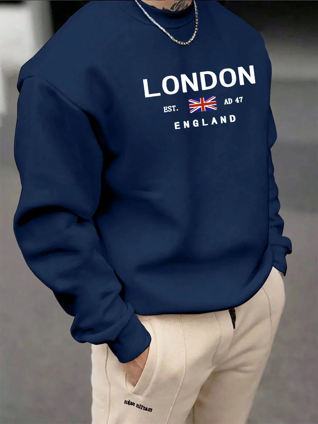 Herren-Herbst- und Wintermode, lässig, locker, London England-Muster, bedruckt, langärmelig, Rundhalsausschnitt, Sportbekleidung