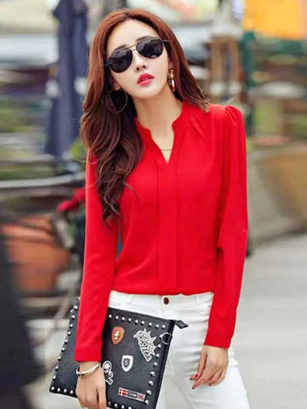 Langarm-shirt Frauen Herbst Kleidung Mode Schlank Chiffon Bluse V-ausschnitt Koreanische Elegante Damen Büro Shirts Weiß Rot DF2324
