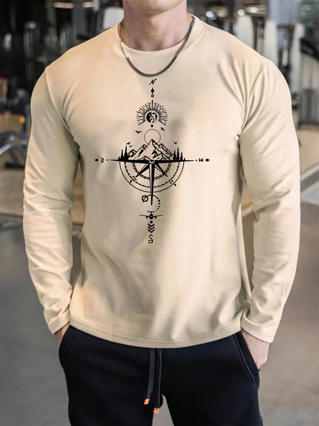 Men's 100% pure cotton loose fit comfortable sports and leisure mountain compass pattern printed round neck long sleeved T-shirt