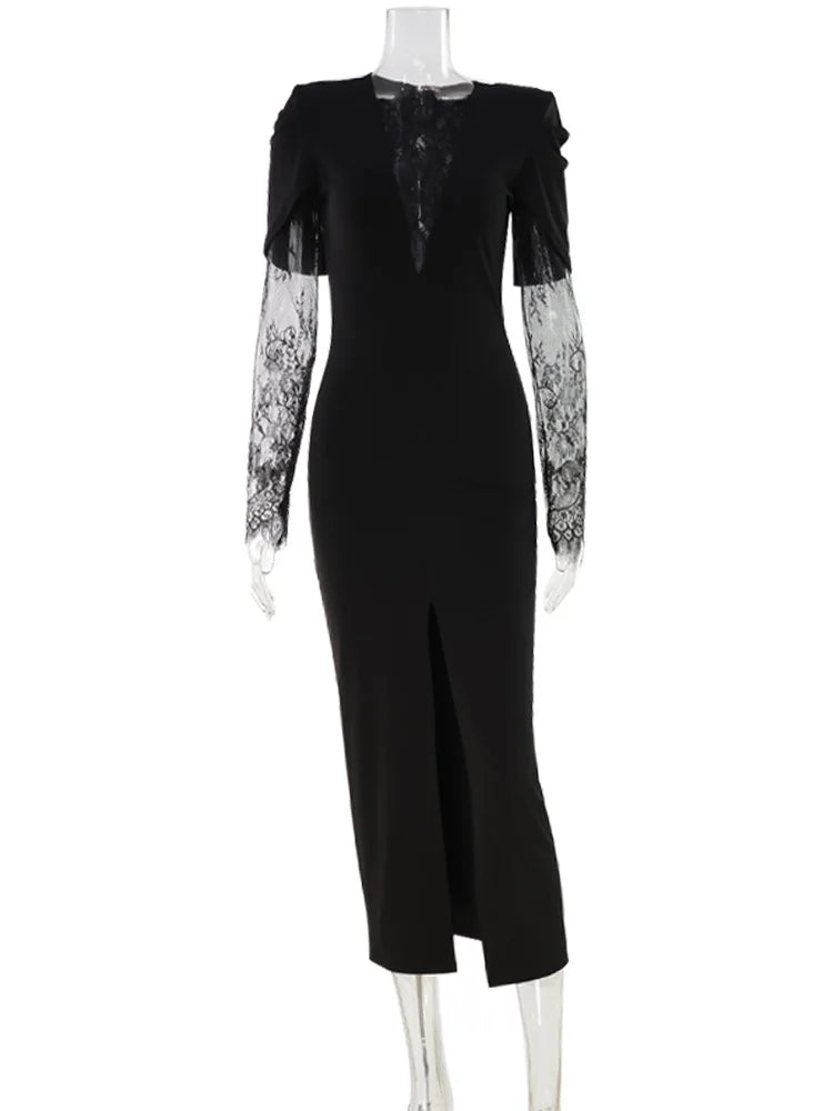 Ahagaga Eelgant Spitze frauen Kleid Patchwork Lange Ärmel Herbst Party Slim Fit Mantel Samt Sexy Split Trend Weibliche Vestidos
