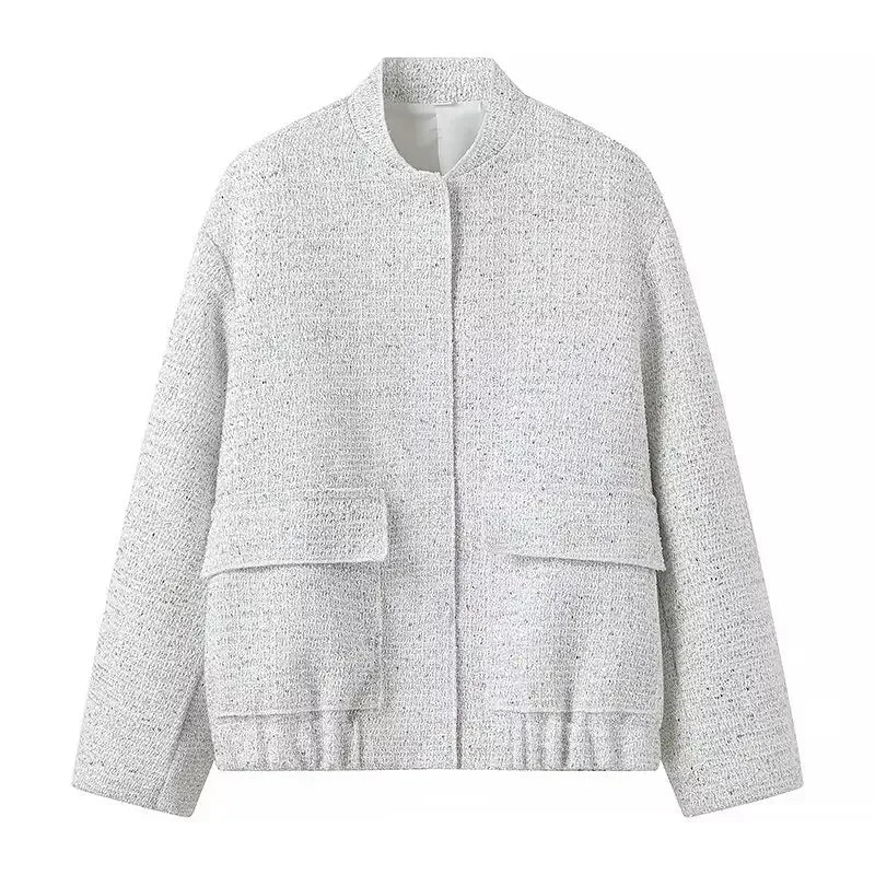 Damen Pailletten Bomber jacke fallen neue Rundhals ausschnitt Langarm Tasche Stretch Saum Pailletten Jacke Mantel weibliche schicke Oberbekleidung