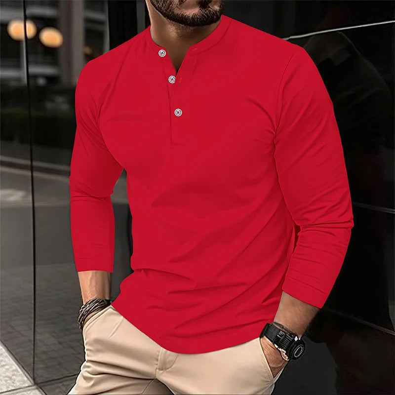 2025 männer Sommer Langarm Henry Polo Casual Atmungsaktiv Komfortable Polo-Shirt Solide Hohe Qualität Männliche T-Shirt Dropshipping