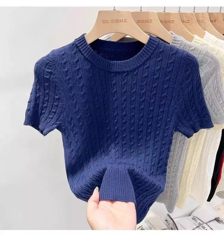 Zjaiss 2026 Sommer Koreanisches Retro Elegantes Textur-Kurzarm-Oberteil mit O-Ausschnitt und Zopfmuster für Damen – Weiches, lässiges, vielseitiges, dünnes T-Shirt
