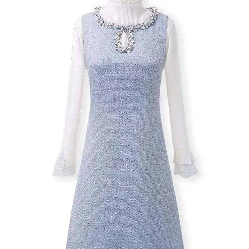 BESTBAFU Luxus Pailletten Kleine Duft Tweed Weste Kleid Frauen Herbst Winter Elegante Ärmellose Woolen A-Line Party Kleider 625P