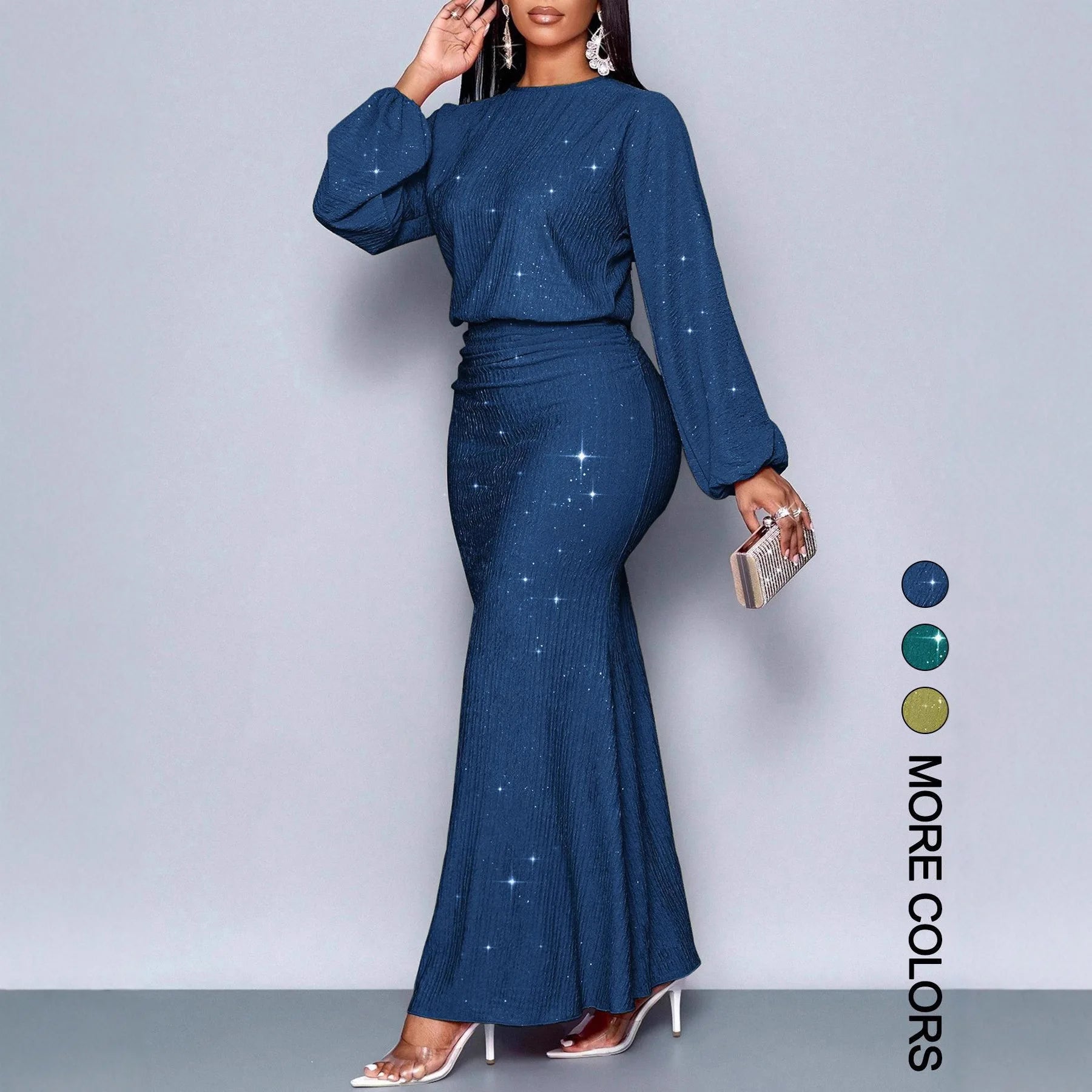 Elegantes, langärmliges Fischschwanzkleid mit Perlenverzierung und Falten für formelle Anlässe, Polyester-Lycra-Mischung, Sommer 2025,