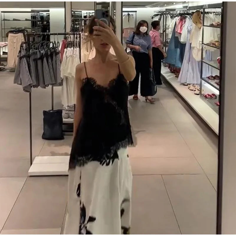 Sommer Frauen Halter Top Satin Spitze Gespleißt Tank Backless Tiefem Hals Sexy Weste Unregelmäßigen Saum Vestidos 2025, Dame Urlaub Sexy Tops