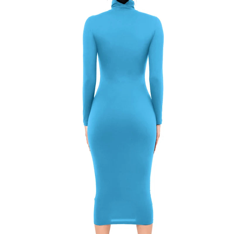 Winter Schwarz Rollkragen Sexy Frauen Kleid Herbst Langarm Dünne Midi Boydcon Casual Blau Plüsch Knie-Länge Party