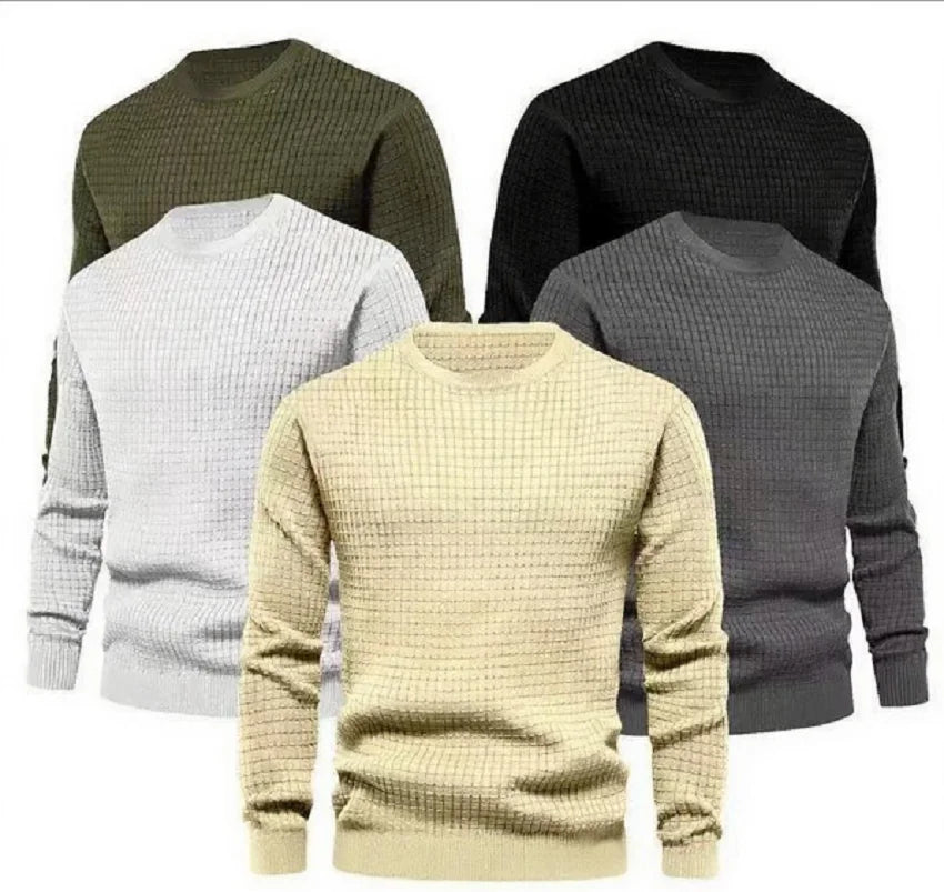 Autumn Men's Crew Neck Pullover Solid Color Casual Jacquard Check Sweatshirt Long Sleeve Warm Slim Sweaters Knitted Streetwear