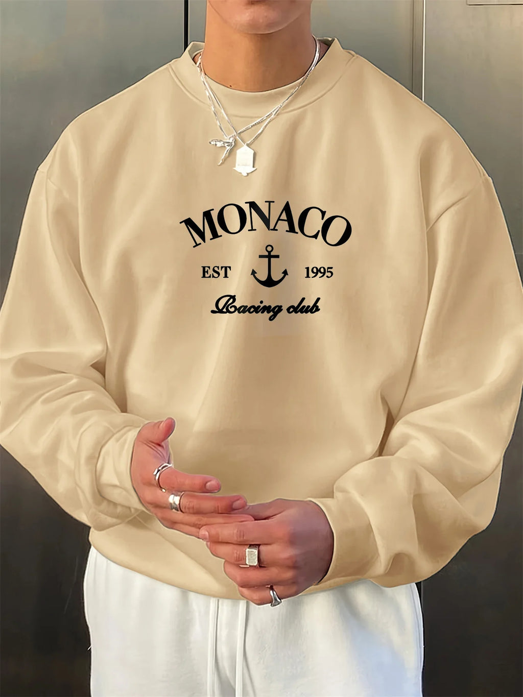 Men's autumn and winter fashionable casual loose monaco letter print fleece pullover long sleeved round neck sweatshirt