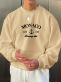 Men's autumn and winter fashionable casual loose monaco letter print fleece pullover long sleeved round neck sweatshirt