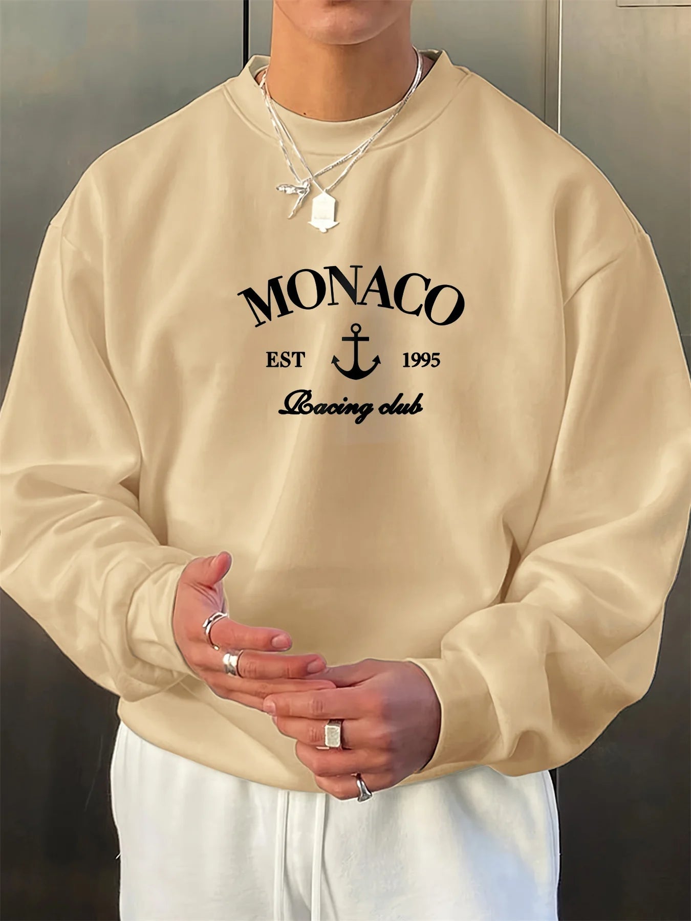 Men's autumn and winter fashionable casual loose monaco letter print fleece pullover long sleeved round neck sweatshirt
