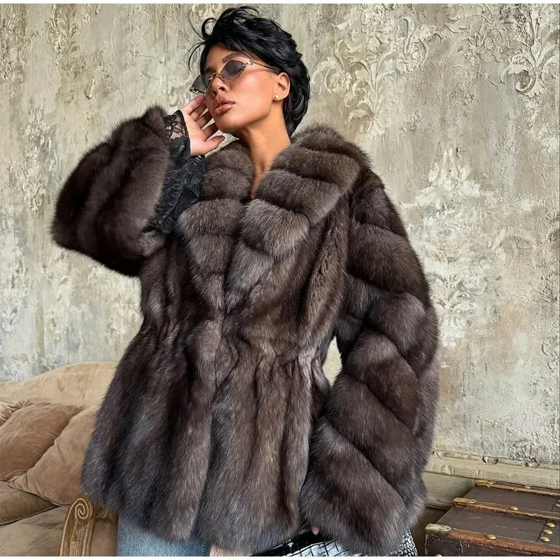 Brauner mittellanger Pelzmantel für Damen, Revers, versteckter Knopf, lockere, elegante Oberbekleidung, 2025, modischer Bürodame, Pendelmantel, Neu