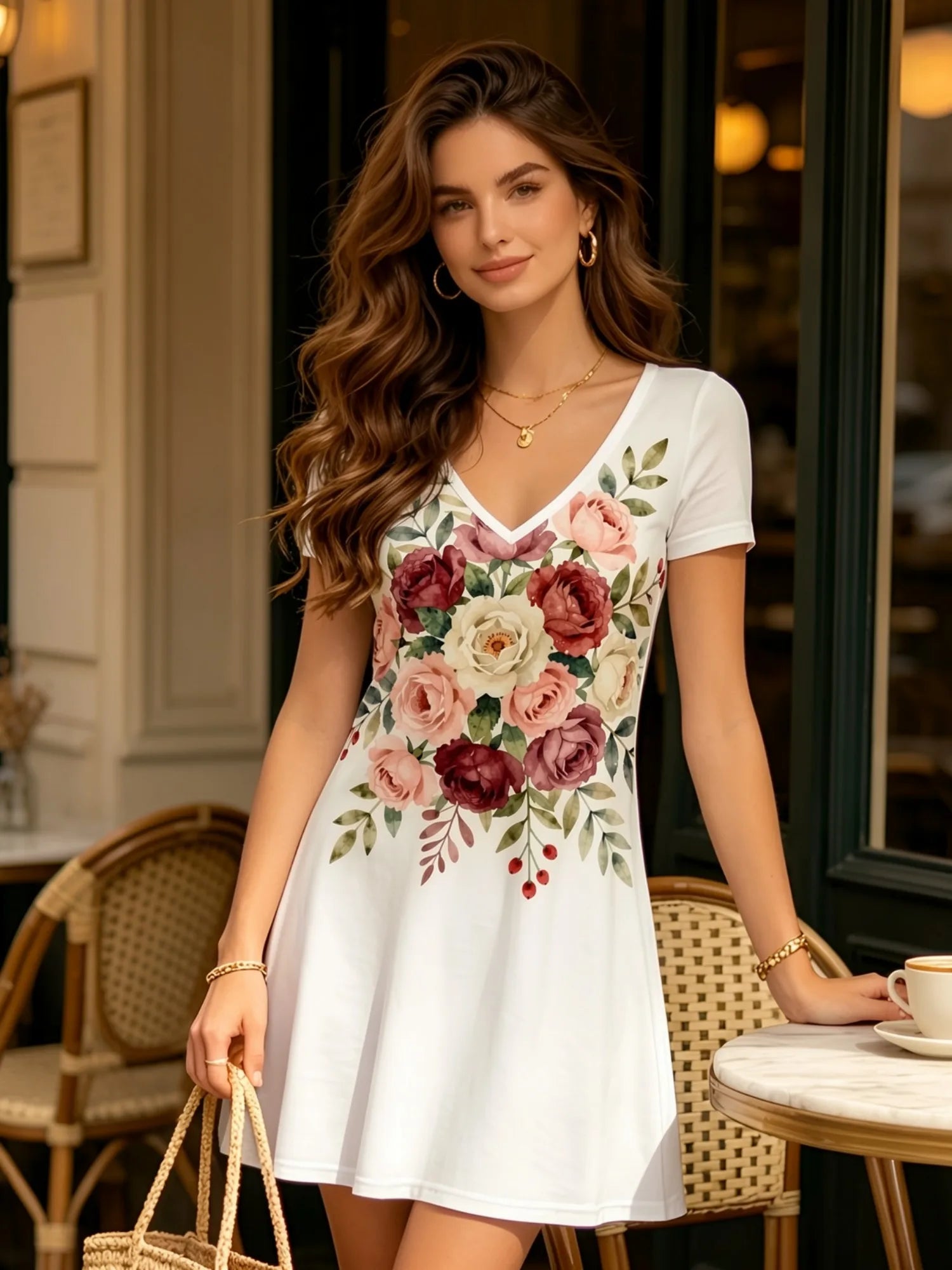 Damen-Kleid mit V-Ausschnitt, kurzen Ärmeln und Blumenmuster, A-Linie, lässig, für Terrasse, Brunch, Sommer, Sommerkleid, Outfit, schön, für den Alltag, feminin, anmutig, einfach