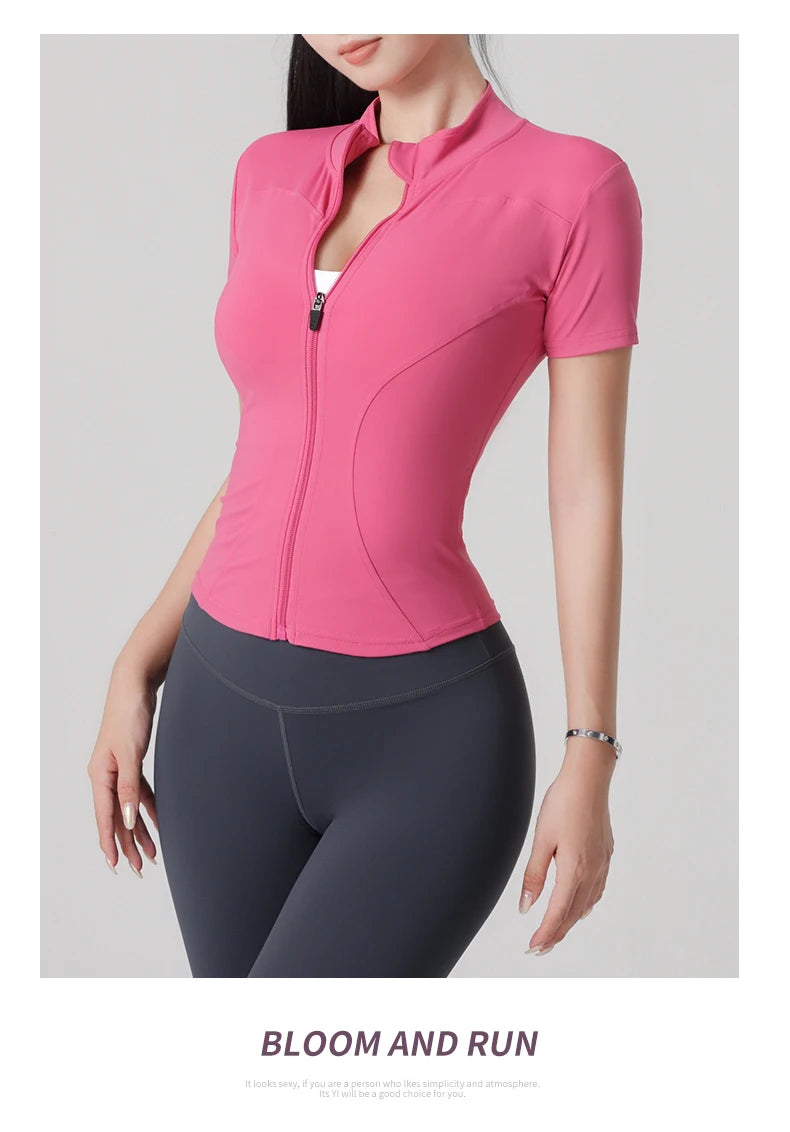 Woman yoga Jacket High Elastic Yoga Short Sleeve Coat Stand Collar Tight Sports Coat Naked Fitness Short Sleeve Female