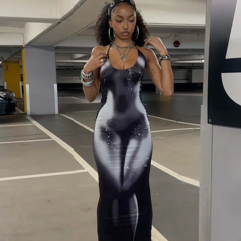 Hugcitar 2025 Frühling Halter Print Halter-Backless Verband Gürtel Sexy Bodycon Maxi Kleid Frauen Mode Outfits Streetwear Festival