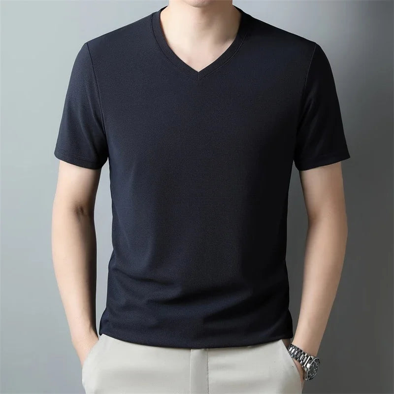 2024 Herren Neues Waffel-T-Shirt mit V-Ausschnitt und kurzen Ärmeln, Sommer, bequemes Oberteil