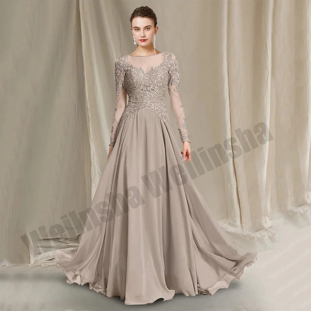 Charmante lange Ärmel Spitze Hochzeit Gast Kleider U-Ausschnitt Perlen Chiffon eine Linie Sommer Mutter der Braut Kleid benutzer definierte Größe