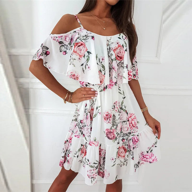 Sexy Off Schulter Floral Chiffon Mini Frauen Kleid 2022 Sommer Kurzarm Casual Weiß Rüschen Kleider Für Frauen Robe Femme