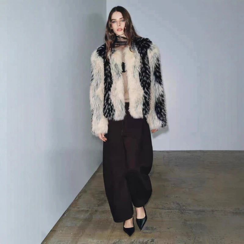 LEOSOXS Stilvolle Kontrast Faux Pelz Frauen Mantel Elegante Oansatz Einreiher Y2K Volle Hülse Weibliche Mäntel Winter Chic Dame Jacke