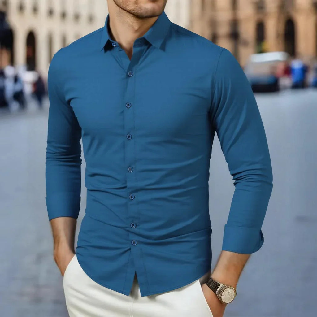 Neues, langärmliges, einfarbiges Business-Casual-Hemd für Herren, knitterfrei, knitterfrei, bequem, vielseitiges Oberteil für die ganze Saison