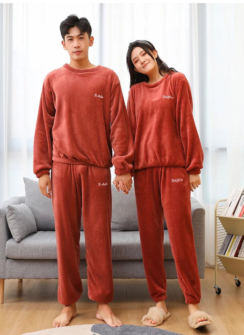 Verdickte Warme Männer Korallen Samt Pyjamas Herbst Winter Homewear Lange Ärmeln Lange Hosen Solide Weiche Nachtwäsche 2 Teile/satz Paar